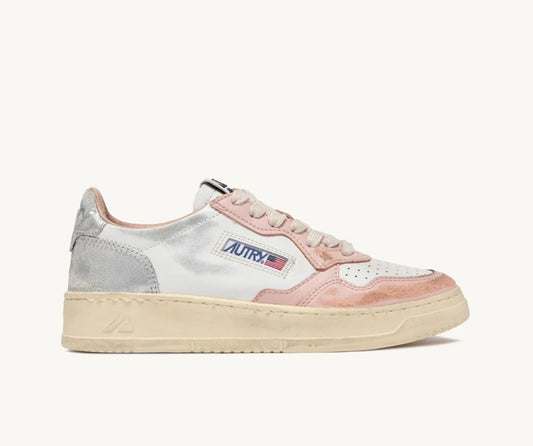 AUTRY SNEAKERS DONNA MEDALIST LOW SUPER VINTAGE IN PELLE BIANCA POWDER PINK E ARGENTO