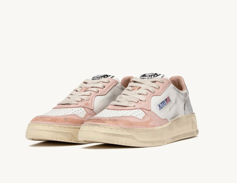 AUTRY SNEAKERS DONNA MEDALIST LOW SUPER VINTAGE IN PELLE BIANCA POWDER PINK E ARGENTO