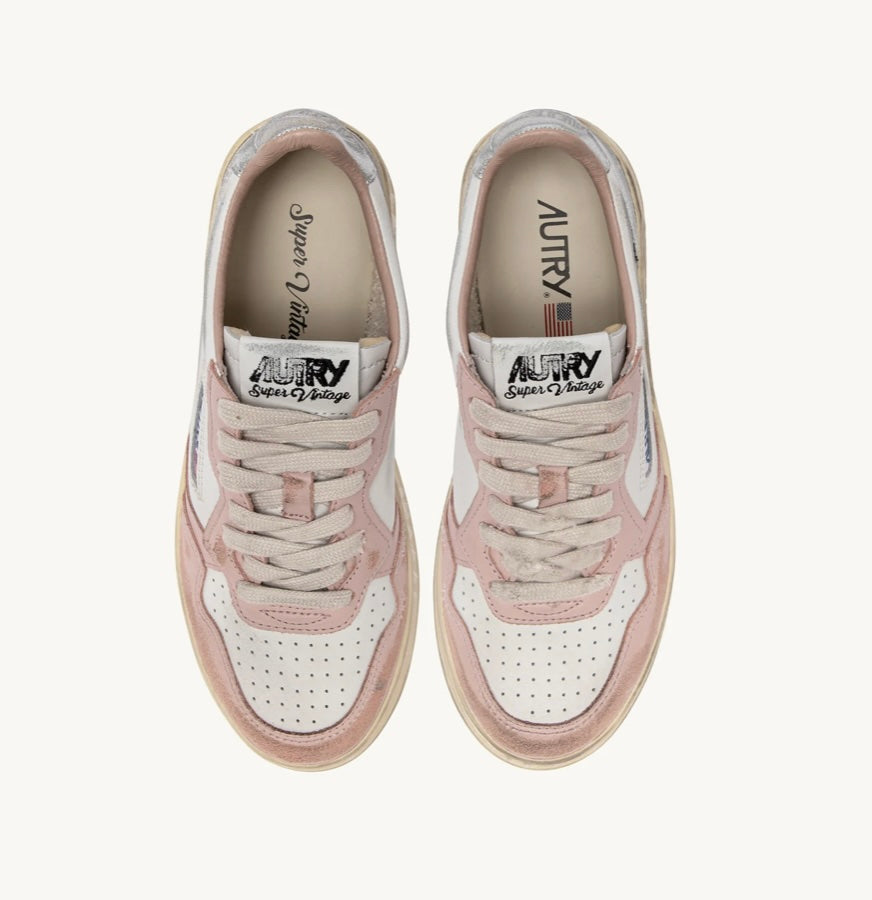 AUTRY SNEAKERS DONNA MEDALIST LOW SUPER VINTAGE IN PELLE BIANCA POWDER PINK E ARGENTO