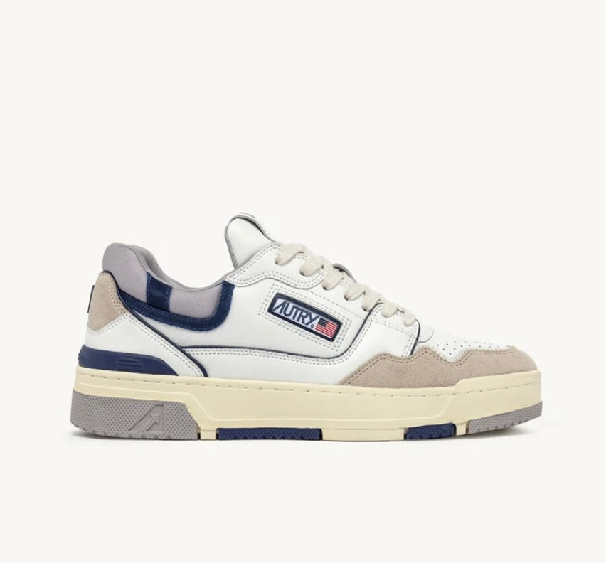 AUTRY SNEAKERS UOMO CLC LOW IN PELLE BIANCA, BLU SCURA E AZZURRA